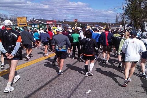 Walk from athlete village (the highschool) to the start line